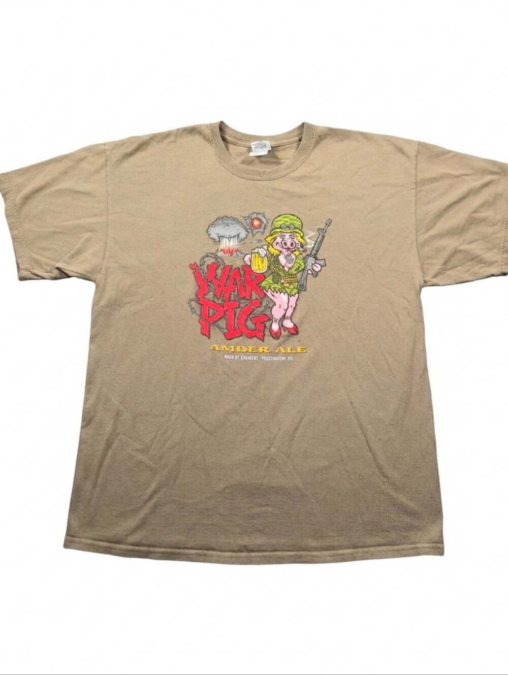 Y2K War Pig Amber Ale T-Shirt XL Tan Main St Brewery Pleasanton CA Anarchy